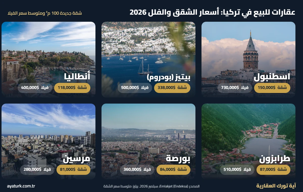 عقارات في تركيا للبيع أسعار الشقق والفلل في اسطنبول وبيتيز وأنطاليا وطرابزون وبورصة ومرسين